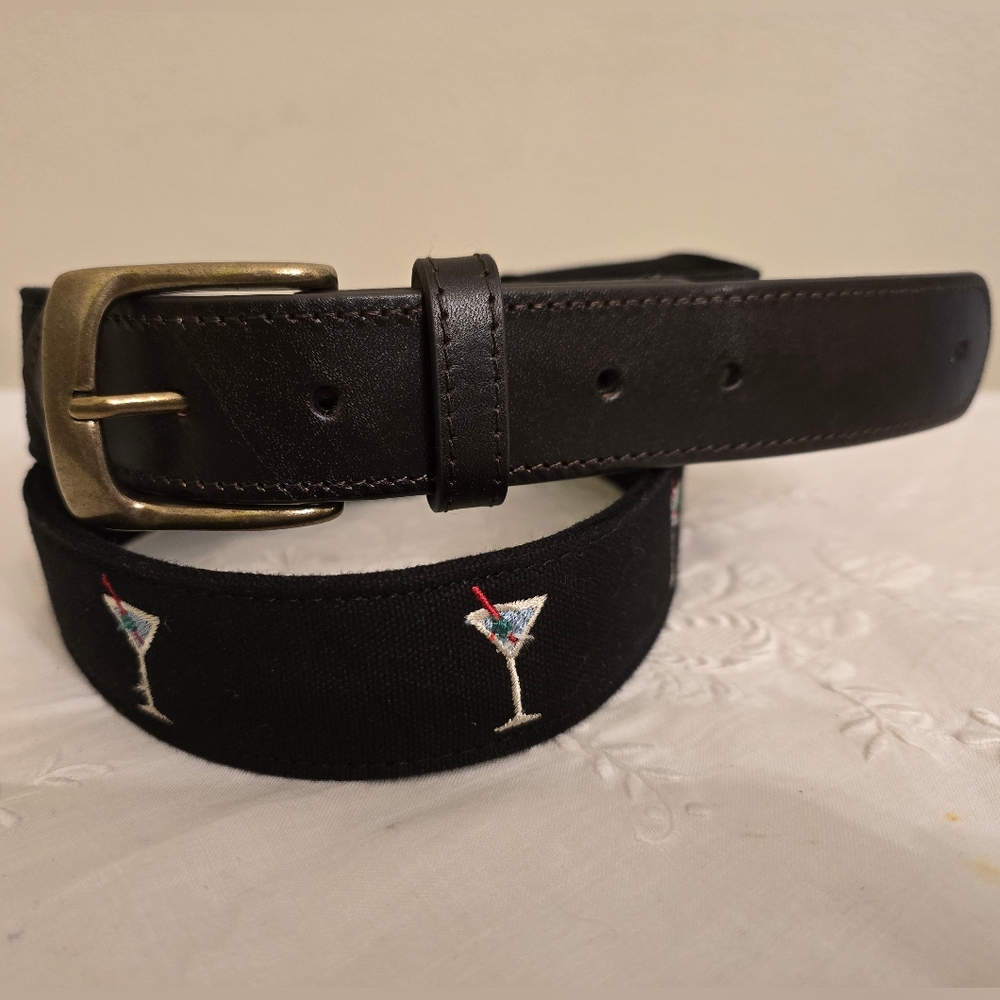 J Mclaughin "Nick"  Black Ribbon Belt with Martini Embroidery Size 40 NWOT